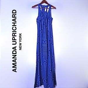 Amanda Uprichard 100% Silk Blue Geometric Maxi Dress Size Small